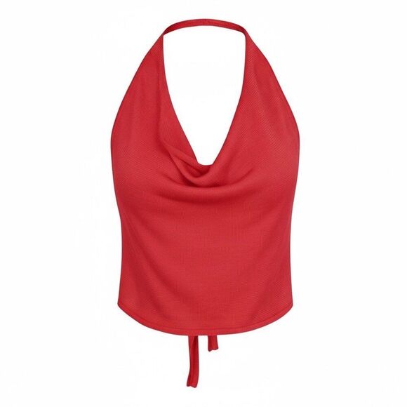 New Aya Muse Cinnabar Knit Tied Draped Halter Crop Top M Red - Picture 1 of 6